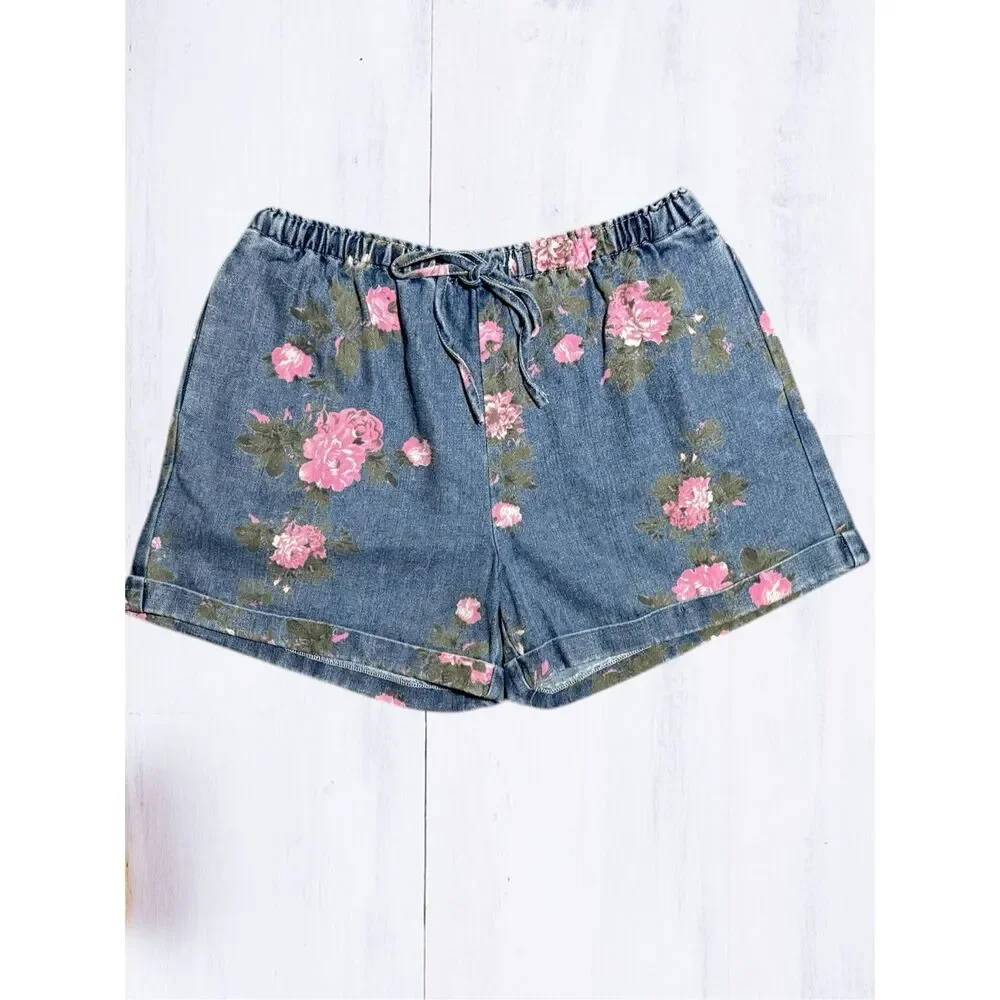 BiBi Floral Denim Short High Rise Drawstring Pink Rose Print Relaxed Fit Pockets - Picture 10 of 12